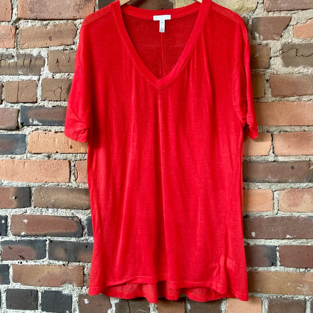 LEITH V-Neck Short Sleeve Red Semi-Sheer Droptail Tee.  Size: XS